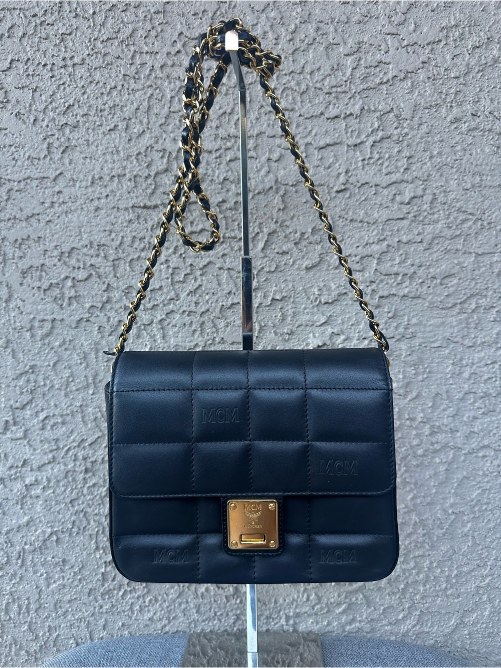 MCM Quilted Leather Crossbody Bag in Black with Gold Chain